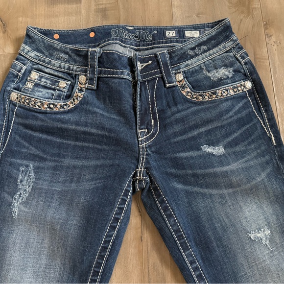 NEW Miss Me Signature Boot Cut Jeans Women 27 Denim Flap Pocket Beading Sequin - Picture 6 of 9